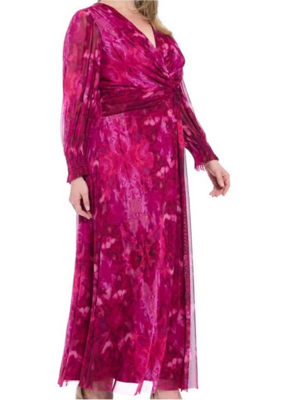 NWT London Times Fuchsia Twist-Front Long Sleeve Maxi Dress Sz 18 W